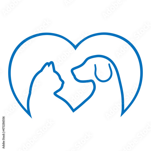 Linear illustration of a dog and a cat in the heart. 