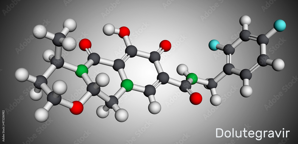 Dolutegravirе, molecule. It is antiviral agent used for the treatment of human immunodeficiency virus type 1, HIV-1 infections. Molecular model