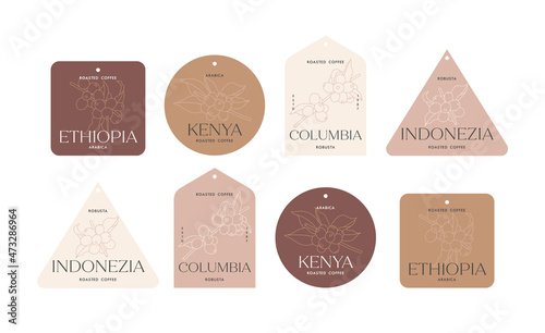 Vector set illustration design labels for coffee packages. Minimalistic and modern design with coffee beans branch.