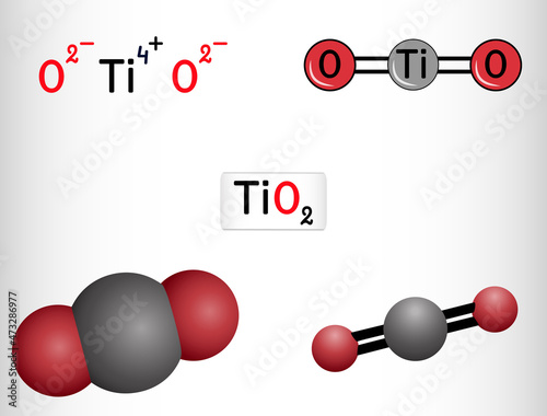 Titanium dioxide, molecule. It is titanium oxide with formula TiO2, sourced from ilmenite, rutile, anatase. Used as food additive E171. Structural chemical formula, molecule model photo