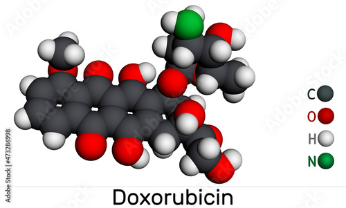 Doxorubicin molecule. It is anthracycline antibiotic with antineoplastic activity, is a chemotherapy medication. Molecular model. 3D rendering photo