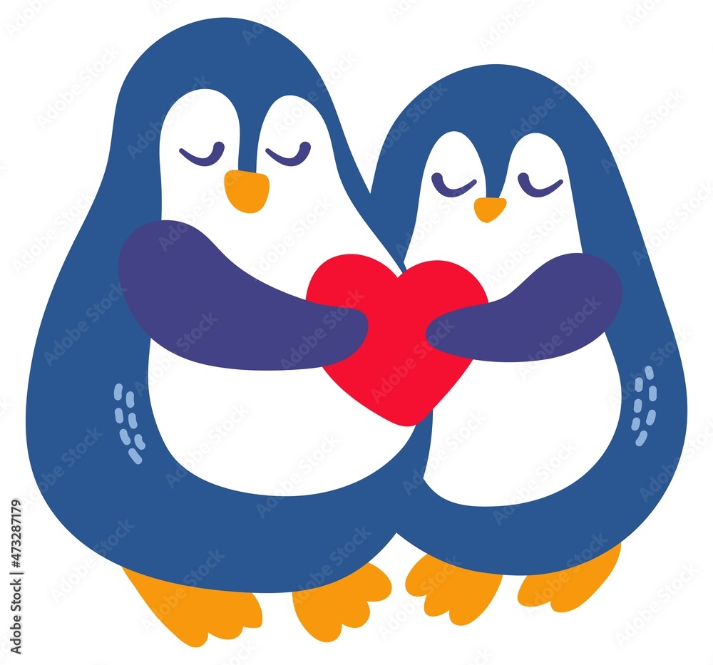 Fototapeta premium Cute couple of penguins in love with hearts. St. Valentine's Day. Hand-drawn style. White background, isolate. Vector illustration.