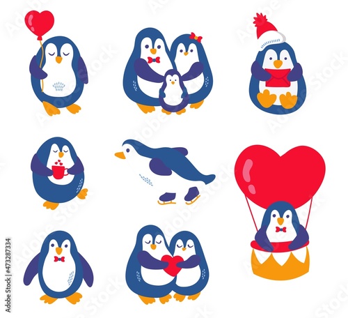Set of cute hand drawn penguins. White background, isolate. Vector illustration.