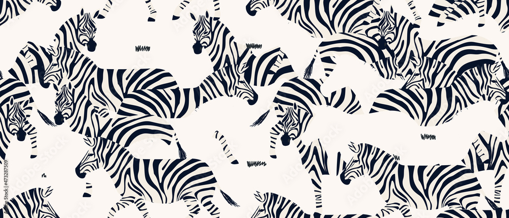 Hand drawn abstract pattern with zebras. Trendy collage contemporary seamless pattern. Fashionable template for design. Black and white colors.