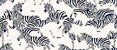 Hand drawn abstract pattern with zebras. Trendy collage contemporary seamless pattern. Fashionable template for design. Black and white colors.