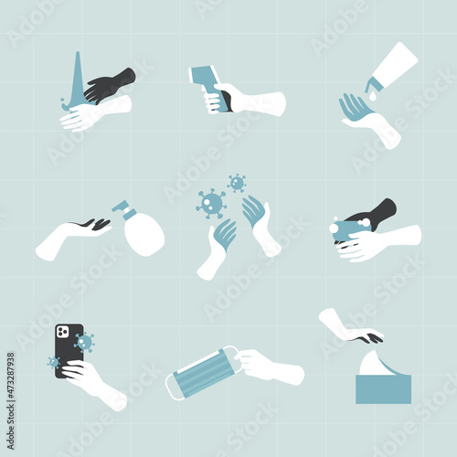 Coronavirus prevention and protection hand icon set vector