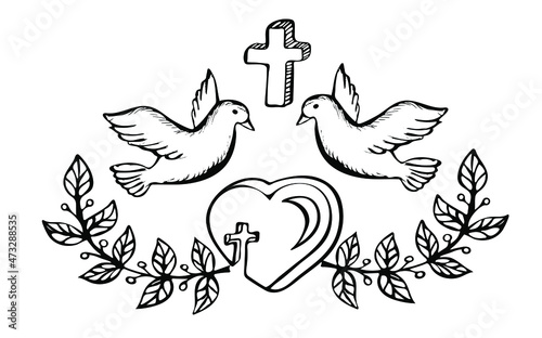 Illustration with crucifix, 
laurel wreath, heart and doves . Religious christian symbolы. Vector Illustration in doodle style.