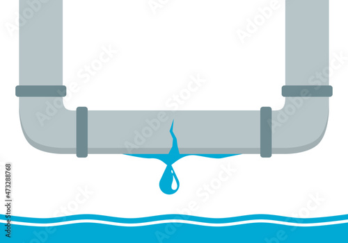 Leaking pipe tube flowing dripping water with flood the floor flat vector icon design.