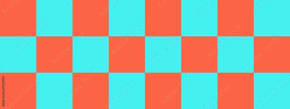 Checkerboard banner. Cyan and Tomato colors of checkerboard. Big squares, big cells. Chessboard, checkerboard texture. Squares pattern. Background. Checkerboard banner. Cyan and Tomato colors of checkerboard. Big squares, big cells. Chessboard, checkerboard texture. Squares pattern. Background.