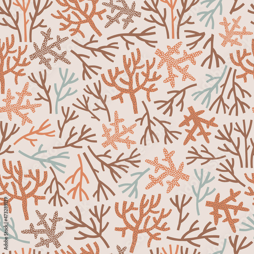 Boho earthy colours sea corals vector seamless pattern. Underwater world coral reef light background. Scandinavian decorative childish surface design for nautical nursery and navy kids fabric.