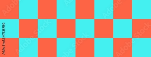 Checkerboard banner. Cyan and Tomato colors of checkerboard. Big squares, big cells. Chessboard, checkerboard texture. Squares pattern. Background.
