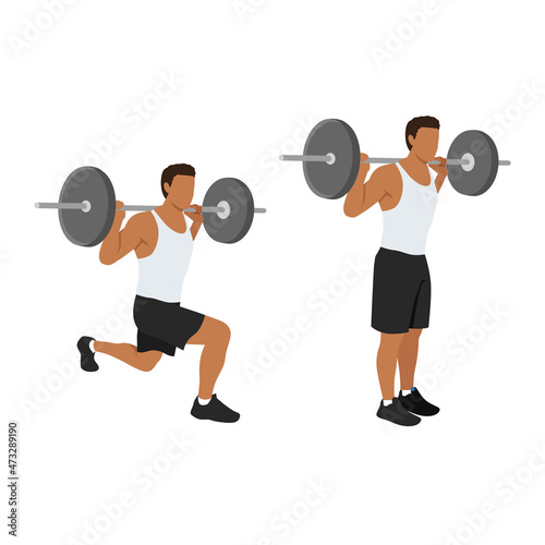 fitness, sport and exercise concept - smiling sporty man with barbell doing split squat or lunge