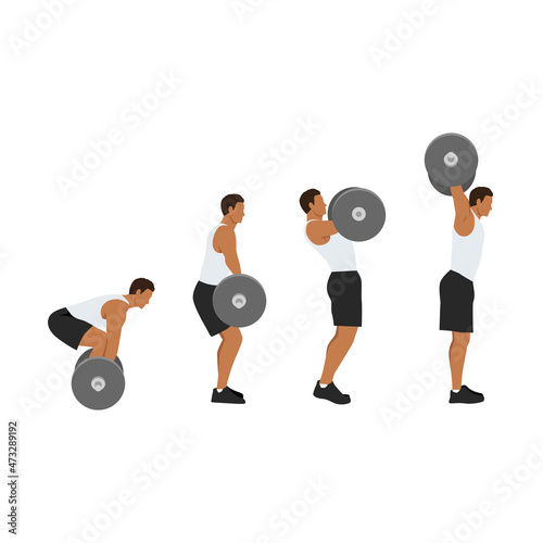 Man doing barbell power snatch exercise. Flat vector illustration isolated on white background