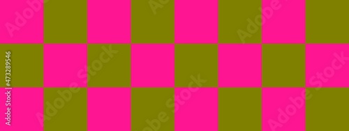 Checkerboard banner. Olive and Deep pink colors of checkerboard. Big squares, big cells. Chessboard, checkerboard texture. Squares pattern. Background.