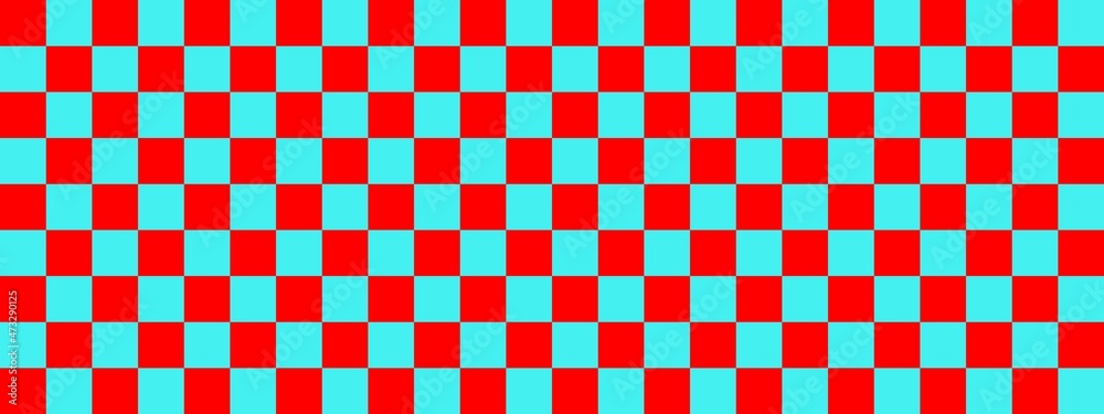 Checkerboard banner. Cyan and Red colors of checkerboard. Small squares, small cells. Chessboard, checkerboard texture. Squares pattern. Background. Checkerboard banner. Cyan and Red colors of checkerboard. Small squares, small cells. Chessboard, checkerboard texture. Squares pattern. Background.