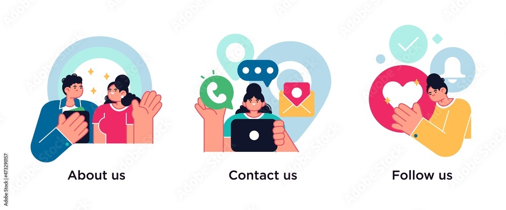 Customer loyalty and technical support web icons set. Clients hotline. Website information. About us, contact us, follow us metaphors. Customer loyalty and technical support web icons set. Clients hotline. Website information. About us, contact us, follow us metaphors.