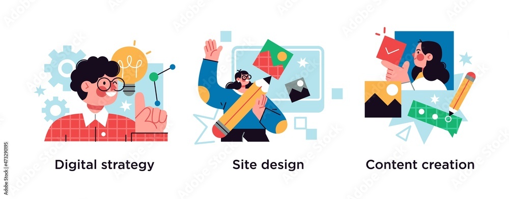Fototapeta premium Creative writing, web development and mobile advertising flat icons set. Outbound marketing. Digital strategy, site design, content creation metaphors