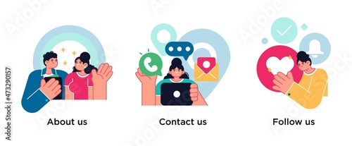 Customer loyalty and technical support web icons set. Clients hotline. Website information. About us, contact us, follow us metaphors.