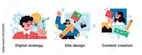 Creative writing, web development and mobile advertising flat icons set. Outbound marketing. Digital strategy, site design, content creation metaphors