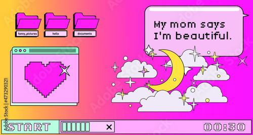 Retrowave style operating system with message boxes and folders. Vaporwave style vector illustration.