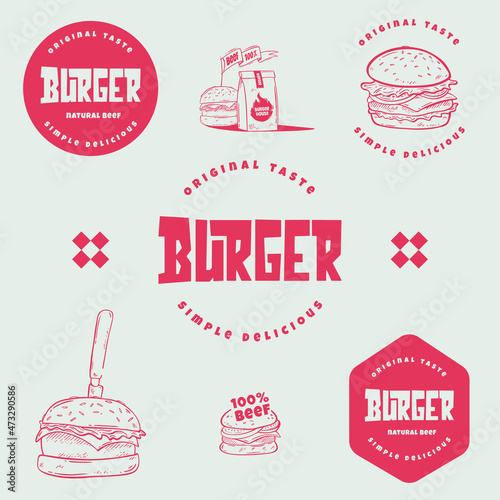 Retro Burger labels. Hand drawn Burger vector  illustration.