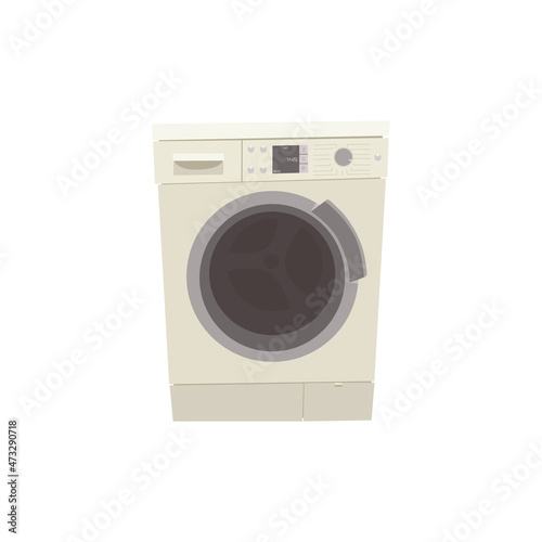 Front loading washing machine. The door is closed. Cartoon vector washer. The isolated object on a white background.