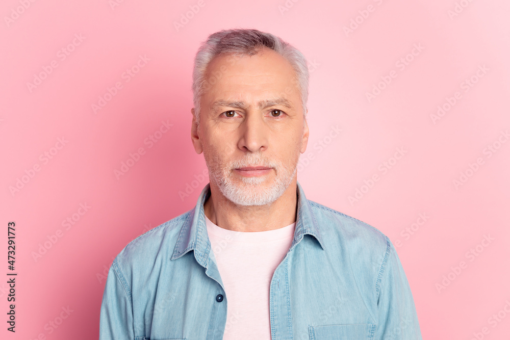 Fototapeta premium Photo of mature man serious intelligent wear casual outfit marketer isolated over pink color background