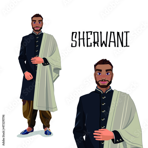 Shervani, indian mens costume, indian clothing, vector, india