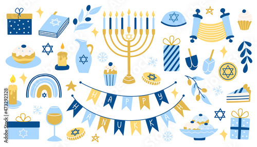 Hanukkah set. Collection of vector colorful flat Hanukkah symbols with menorah, coins, donuts