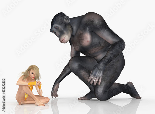 Modernes Mädchen mit Frühmensch Homo habilis photo