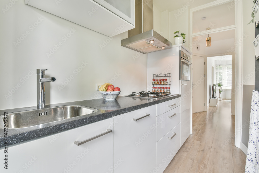 White kitchen interior with furniture and appliances White kitchen interior with furniture and appliances