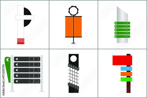 Exterior and Interior Wayfinding Signage System. office exterior monument sign, pylon sign, signage, advertising construction. Vector.