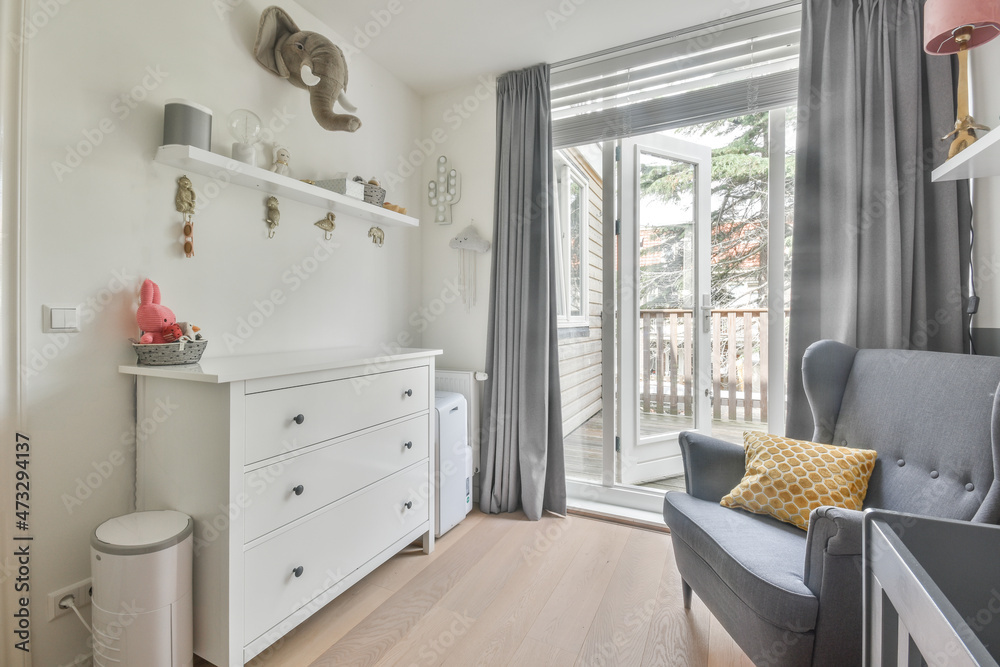 Interior of cozy children room with canopy crib