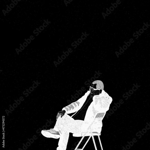 Zamyślony mężczyzna w okularach siedzący na krześle na czarnym tle biało czarna ilustracja