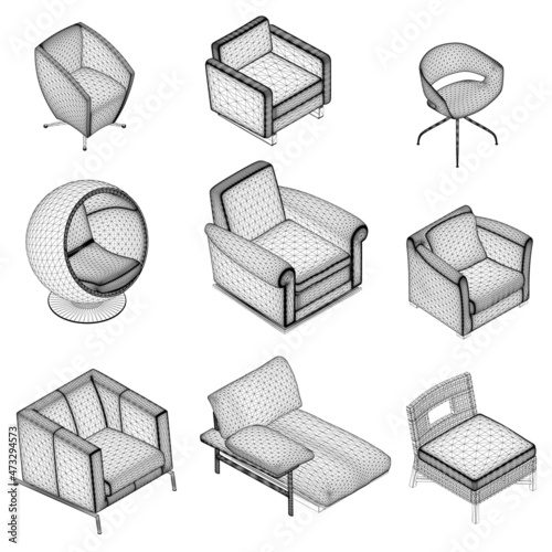 Set of armchairs and chairs wireframes from black lines isolated on white background. Isometric view. 3D. Vector illustration