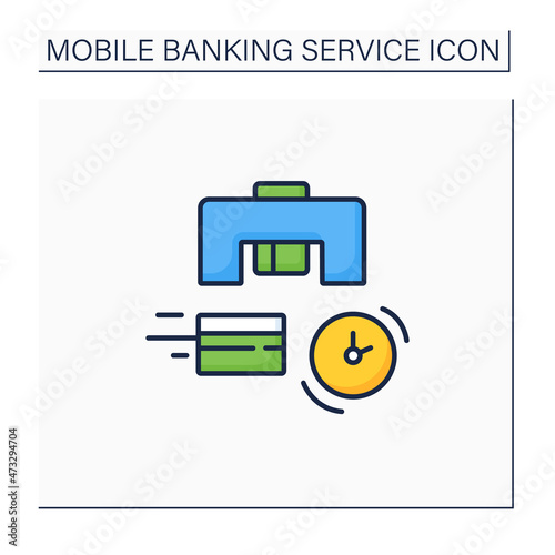 Instant card issuance color icon. Credit or debit card is issued and activated on spot, can be used immediately. Saving time.Mobile banking service concept. Isolated vector illustration