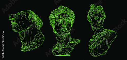Set of 3D models of gypsum heads. Cyberpunk sci-fi style vector illustration.