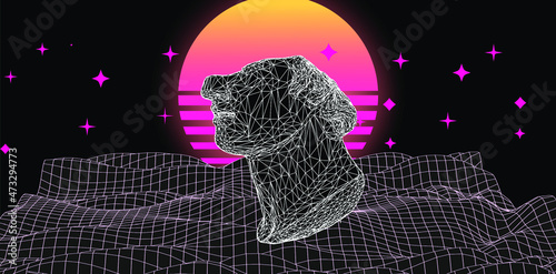 3D model of a Fragmentary colossal head of a youth sculpture in cyberpunk retrowave style. Bust made of polygonal particles. Vector illustration.
