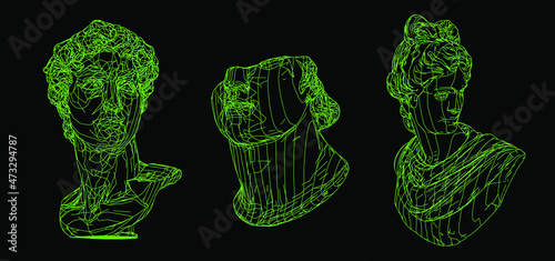Set of 3D models of gypsum heads. Cyberpunk sci-fi style vector illustration. photo