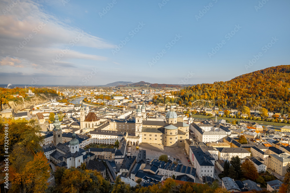Top view on Salzburg city from castle hill on a sunny autumn day in Austria