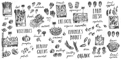 Vegetable market sketch set with lettering.