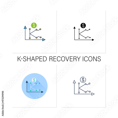 K shaped recovery icons set.Economy fluctuations.Different economy parts recover at different rates,times, magnitudes.Collection of icons in linear, filled, color styles.Isolated vector illustrations