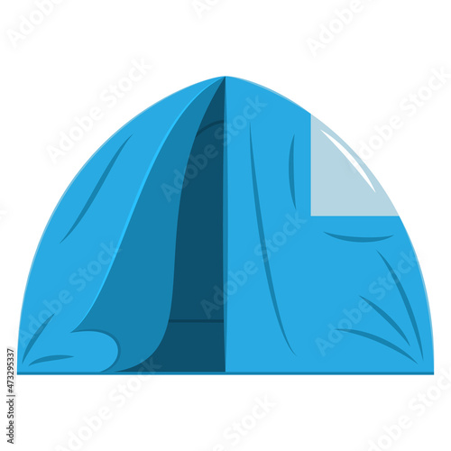 A tent for sleeping and relaxing outside. Camping  hiking  traveling. A canvas tent with a round arch and a window  blue. Vector icon  flat  cartoon  isolated