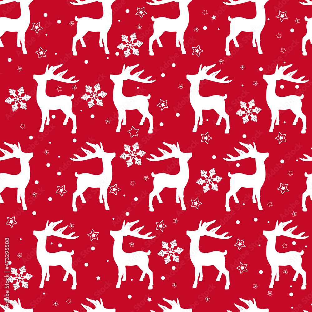 Winter Christmas seamless pattern with silhouettes of deer and snowflakes.