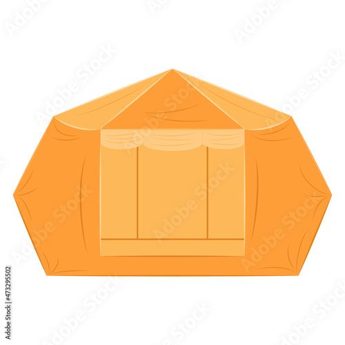A large orange tent for tourists, protection from wind, rain. Camping, sports, traveling outside. Yellow tarpaulin tent for the family. Vector icon, flat, cartoon, isolated