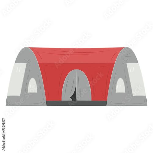 Red grey waterproof tent for many people. Camping, sports, hiking, traveling outside. Tent for rest and sleep, protection from wind, rain. Vector icon, flat, cartoon, isolated