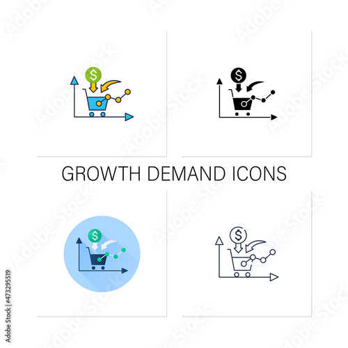 Growth consumer demand icons set. Consumers willingness and ability to purchase. Profitable buying. Business concept.Collection of icons in linear, filled, color styles.Isolated vector illustrations