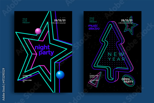 Happy New Year party poster design with neon color Christmas tree and star. Luminosity xmas vector decoration.