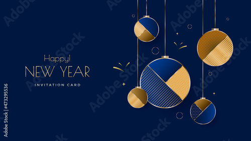 New Year greeting card gold and blue colors with stylized Christmas balls. Geometric compositions with Xmas decoration elements for invite design. Vector illustration