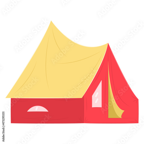 Large tent for camping, hiking, sports, traveling outside. Yellow, red tent for recreation. Vector icon, flat, cartoon, isolated